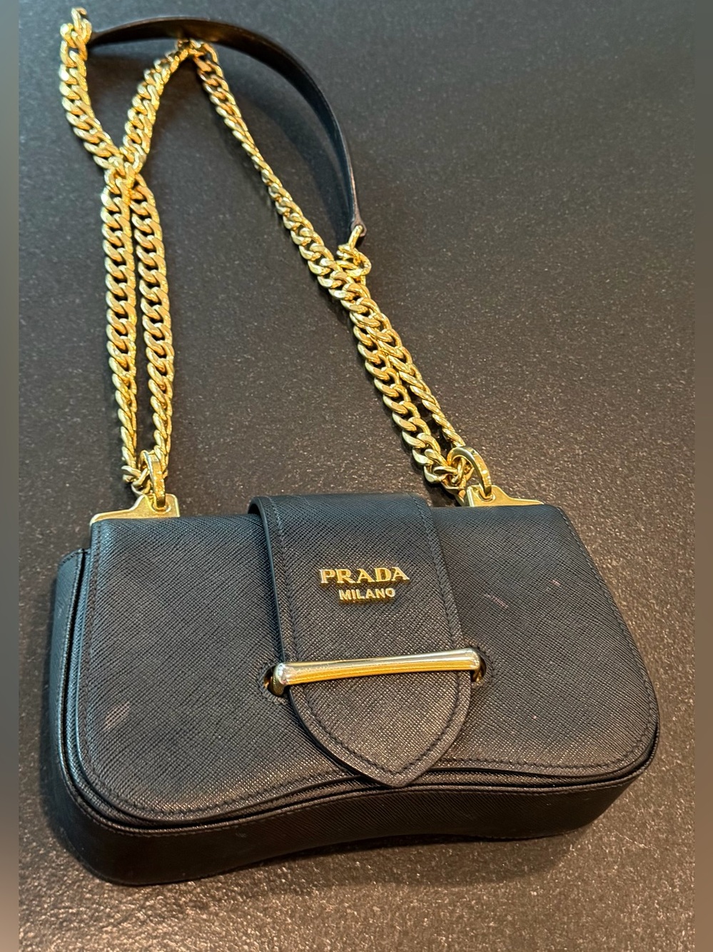 Prada Sidonie Black Saffiano Leather Gold Chain Shoulder Crossbody Designer Bag - Picture 10 of 17